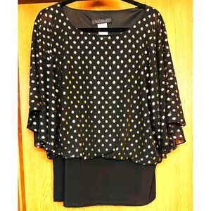 Coco Bianco Festive Black Base Metallic Goldie Polka Dots Fluttery Sleeves Top M